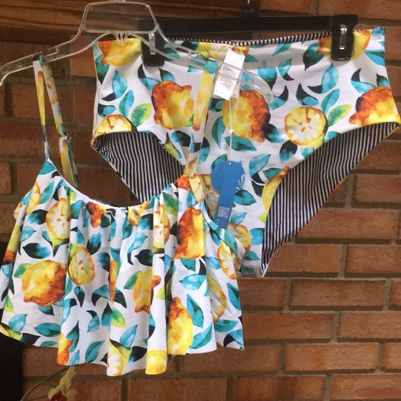 Cupshe Other - New! CUPSHE Plus Size Lemon Print Ruffle  High Waist Bikini Set Bathing Suit 2X